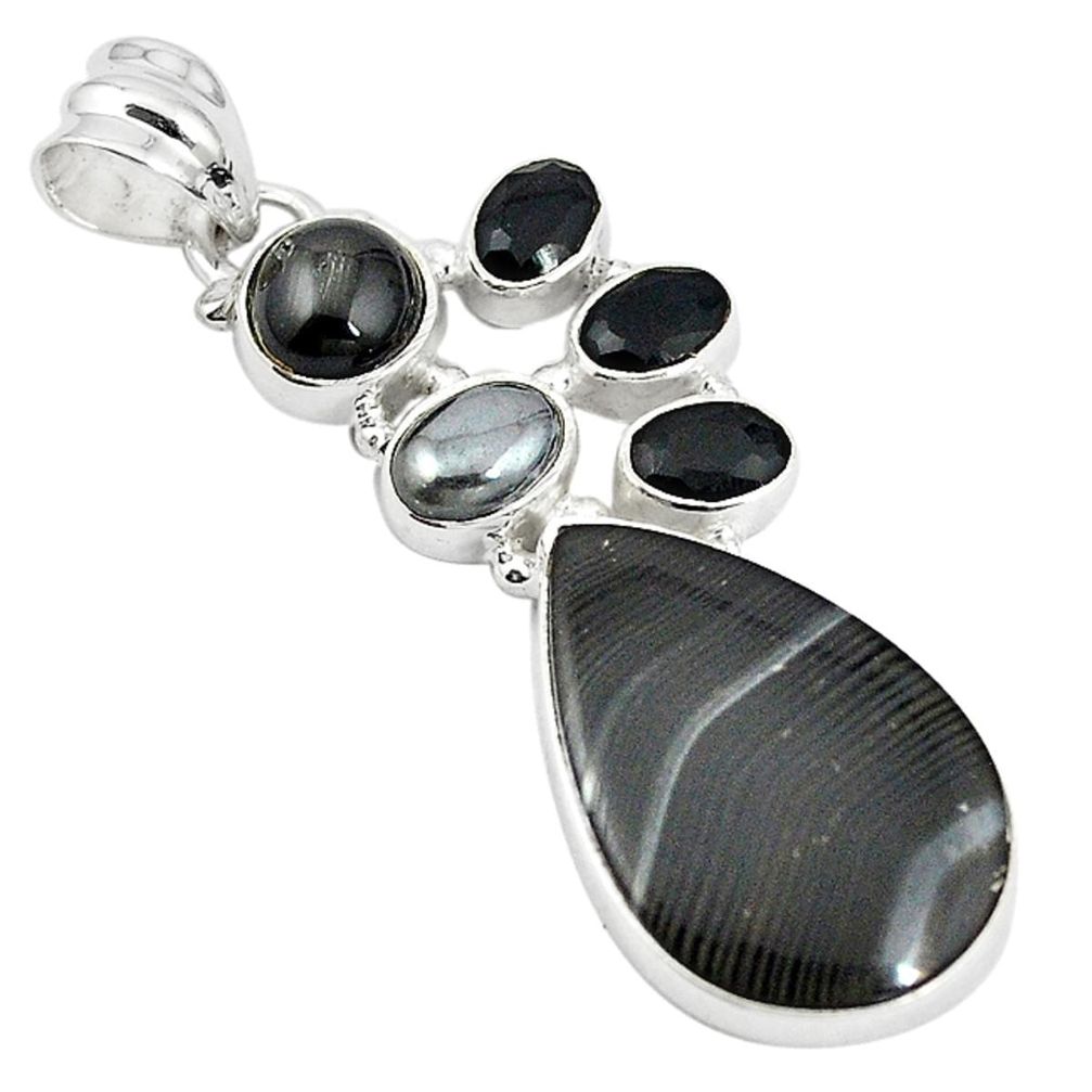 Natural black psilomelane (crown of silver) 925 silver pendant m21522