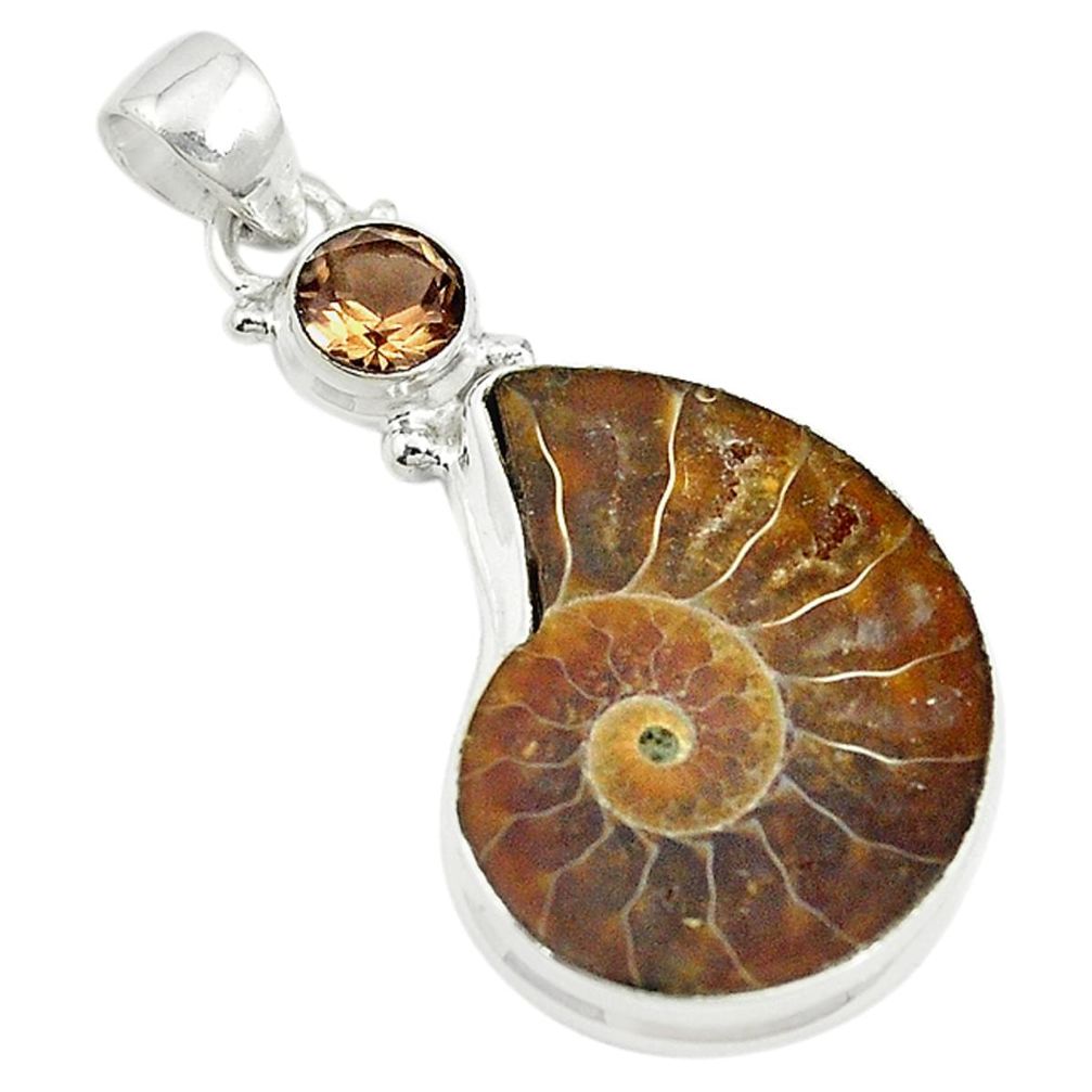 Natural brown ammonite fossil smoky topaz 925 silver pendant m22717