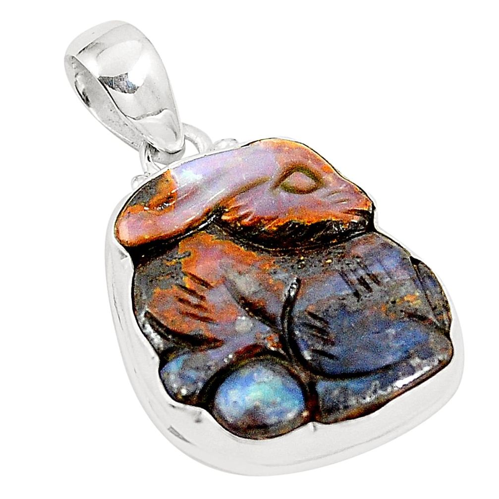 Natural brown boulder opal rabbit carving 925 sterling silver pendant m32174