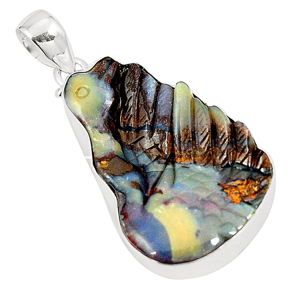 Natural brown boulder opal carving 925 sterling silver pendant m32175