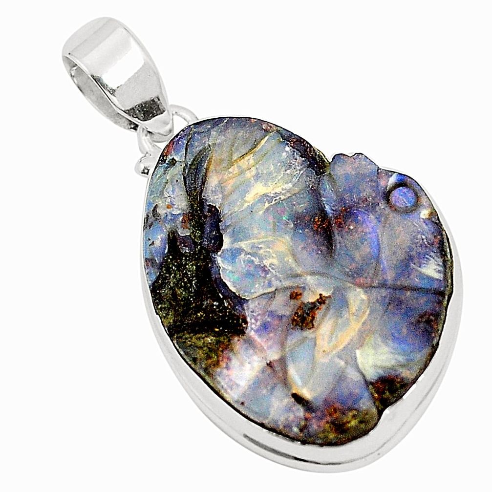 Natural brown boulder opal carving 925 sterling silver pendant m32176