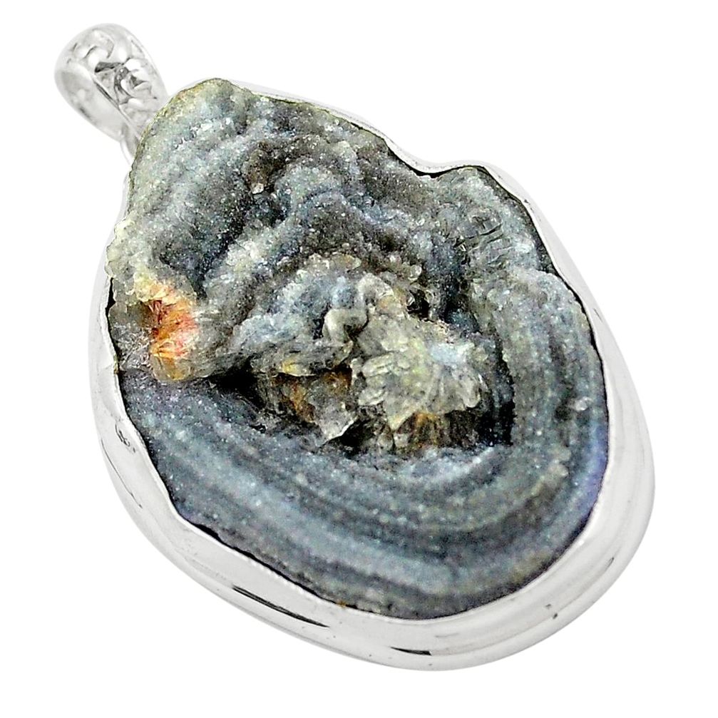 Natural grey desert druzy (chalcedony rose) 925 silver pendant m33814