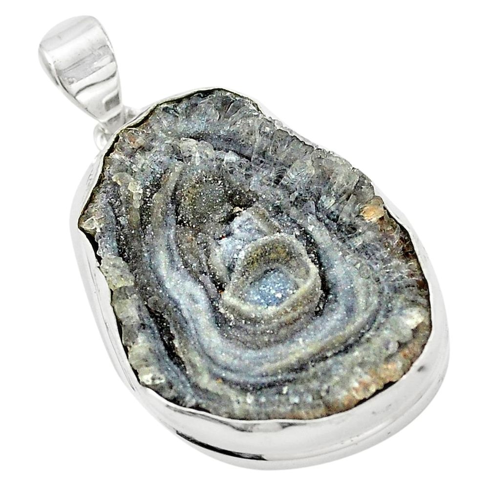 Natural grey desert druzy (chalcedony rose) 925 silver pendant m33817