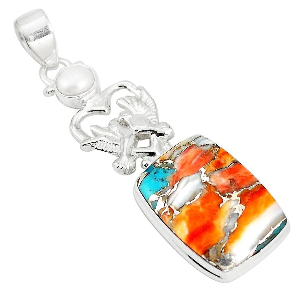 Multi color spiny oyster arizona turquoise 925 silver love birds pendant m34438