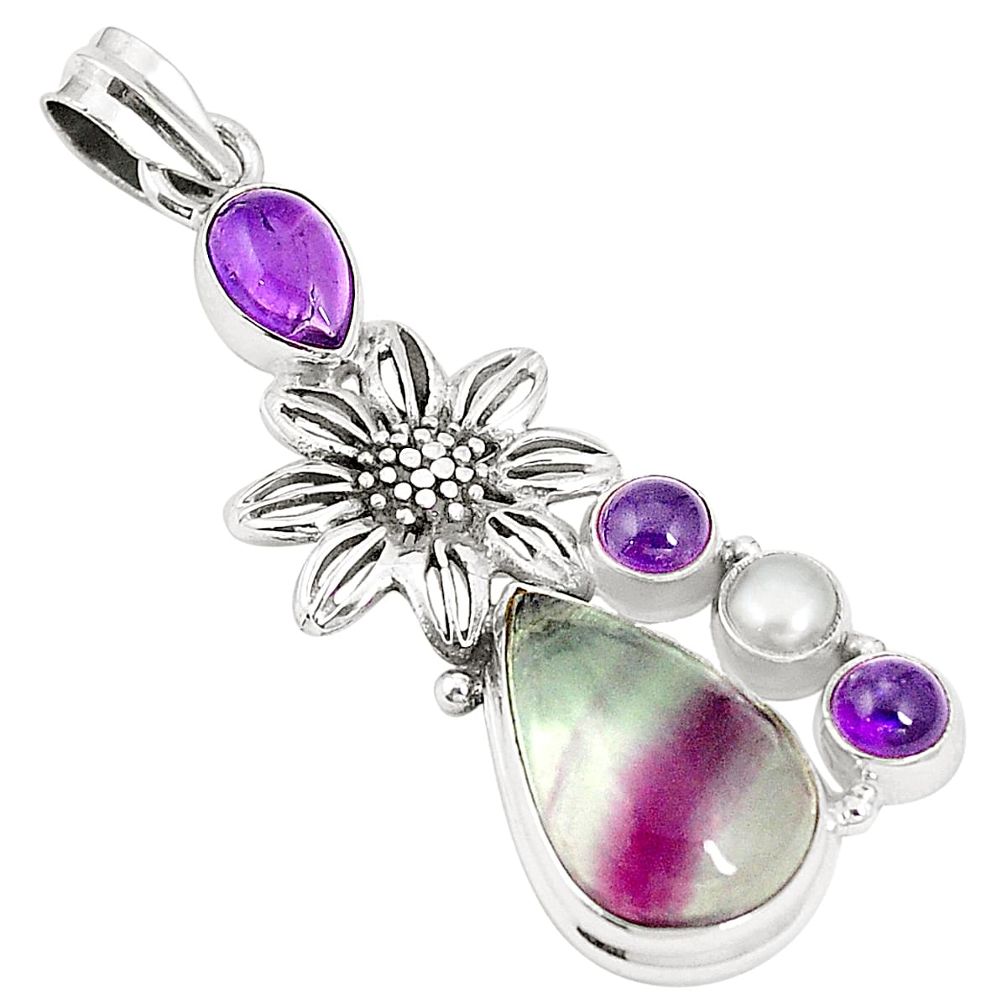 Natural multi color fluorite amethyst pearl 925 silver flower pendant m34443