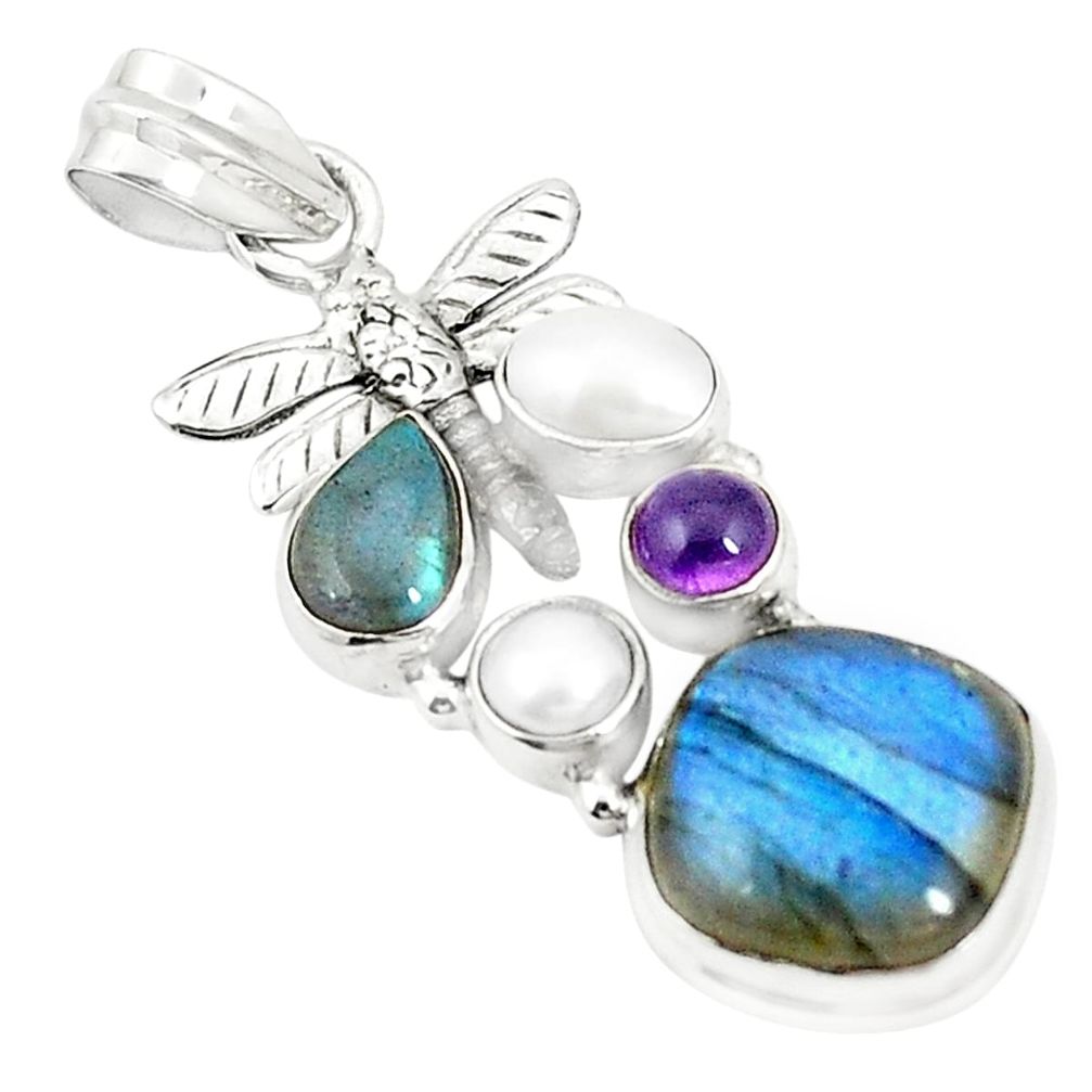 Natural blue labradorite amethyst pearl 925 silver dragonfly pendant m36616