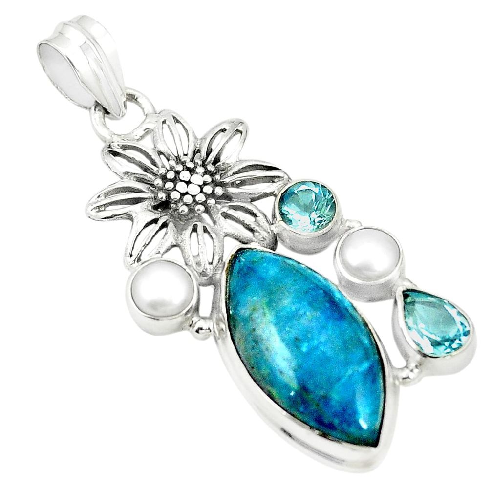 Natural blue apatite (madagascar) pearl 925 silver flower pendant m37812