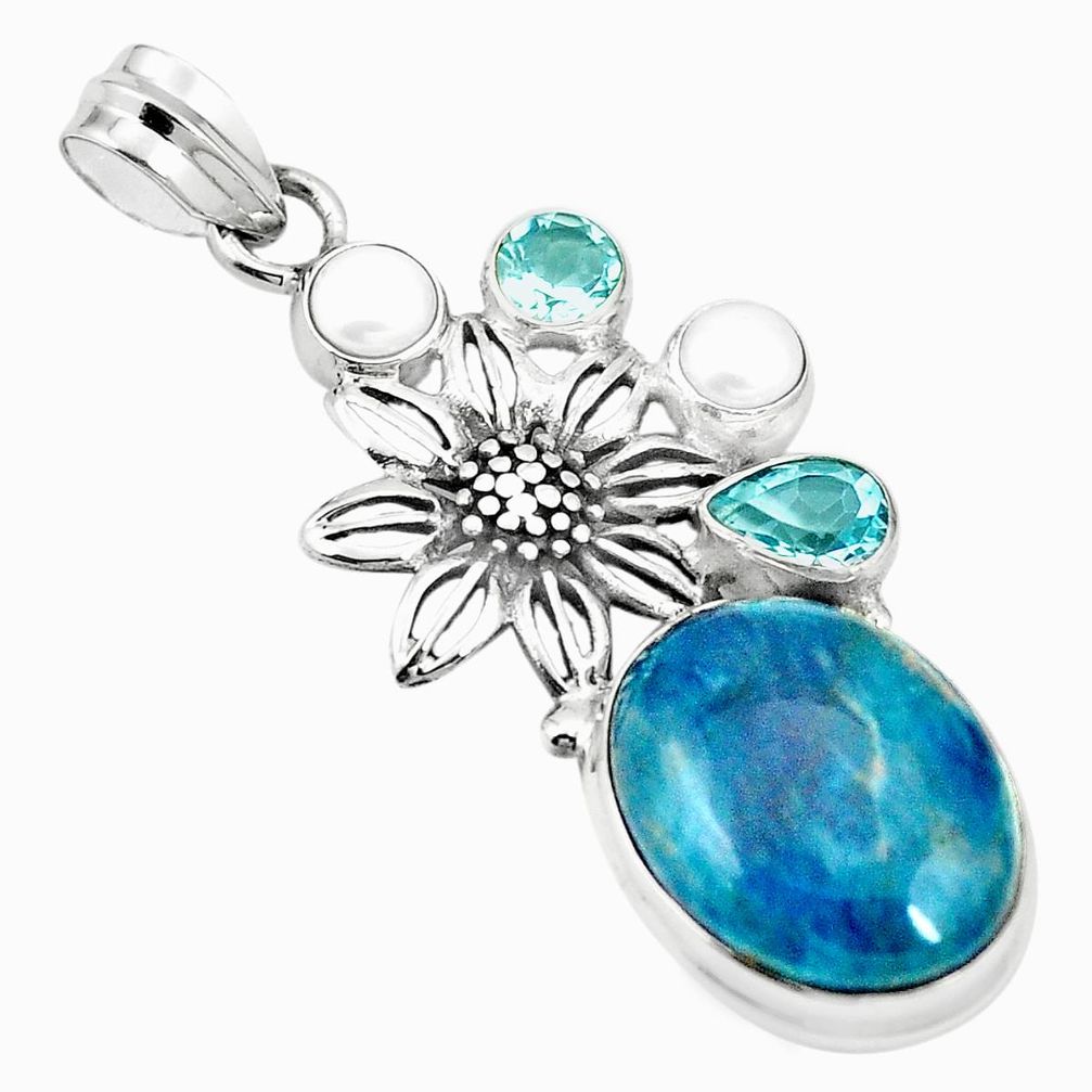 Natural blue apatite (madagascar) topaz pearl 925 silver pendant m37813