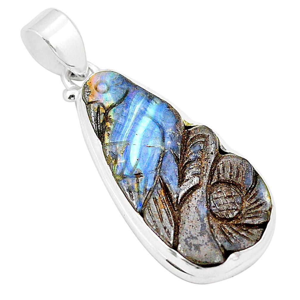 Natural brown boulder opal carving 925 sterling silver pendant m37938