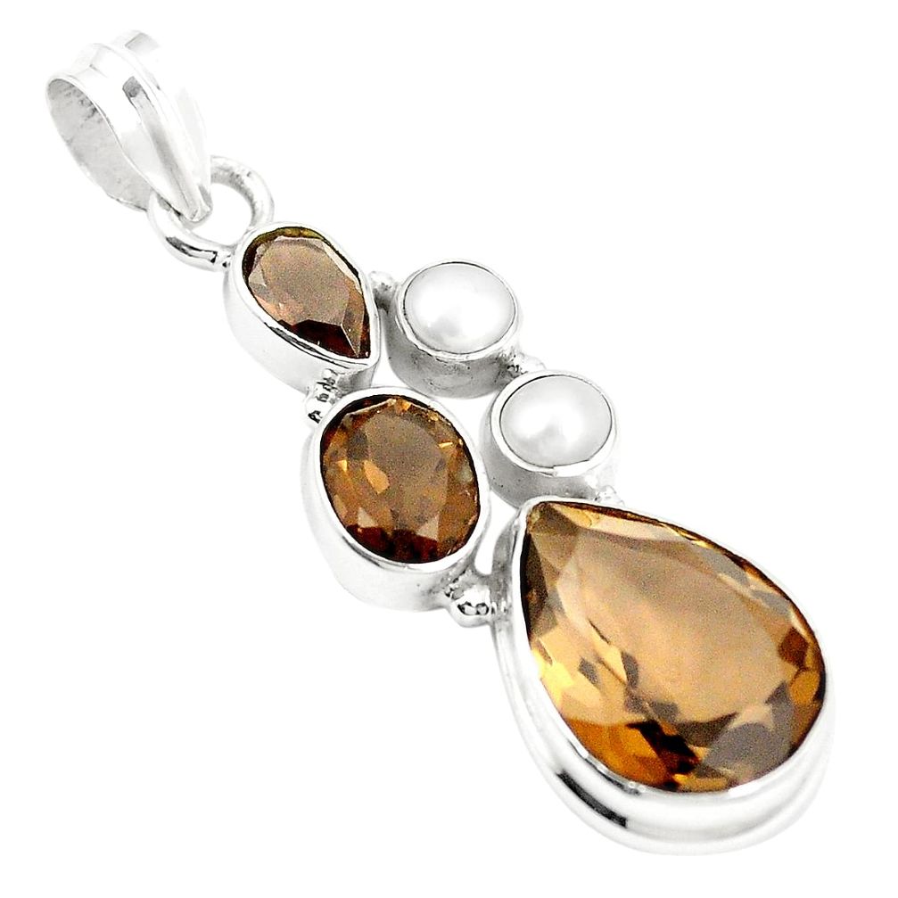 Brown smoky topaz pearl 925 sterling silver pendant jewelry m39809