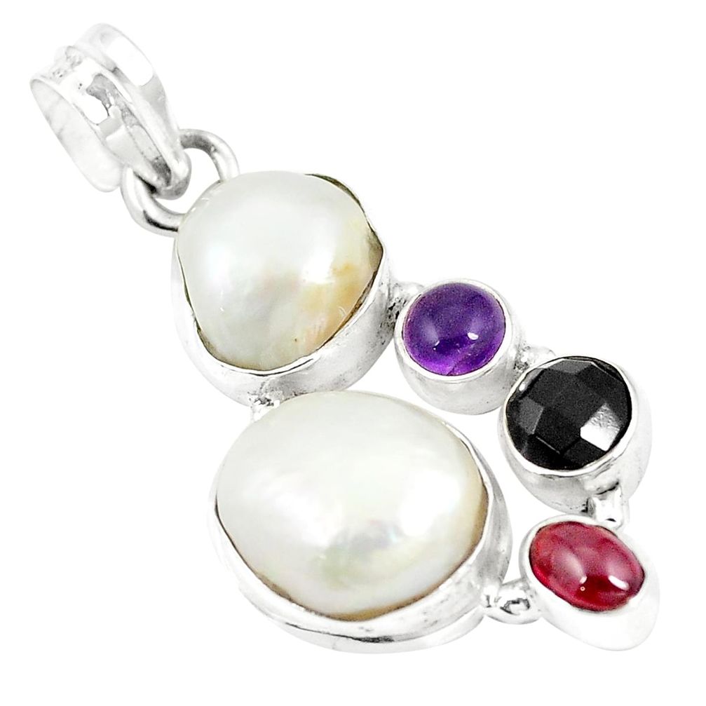 Natural white pearl onyx 925 sterling silver pendant jewelry m39849