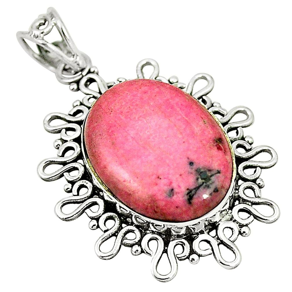 925 silver natural pink rhodonite in black manganese pendant jewelry m40304