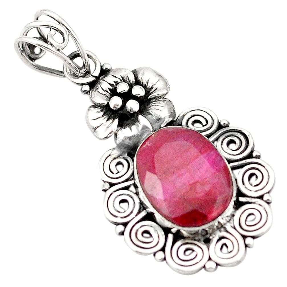 Natural red ruby 925 sterling silver flower pendant jewelry m43422