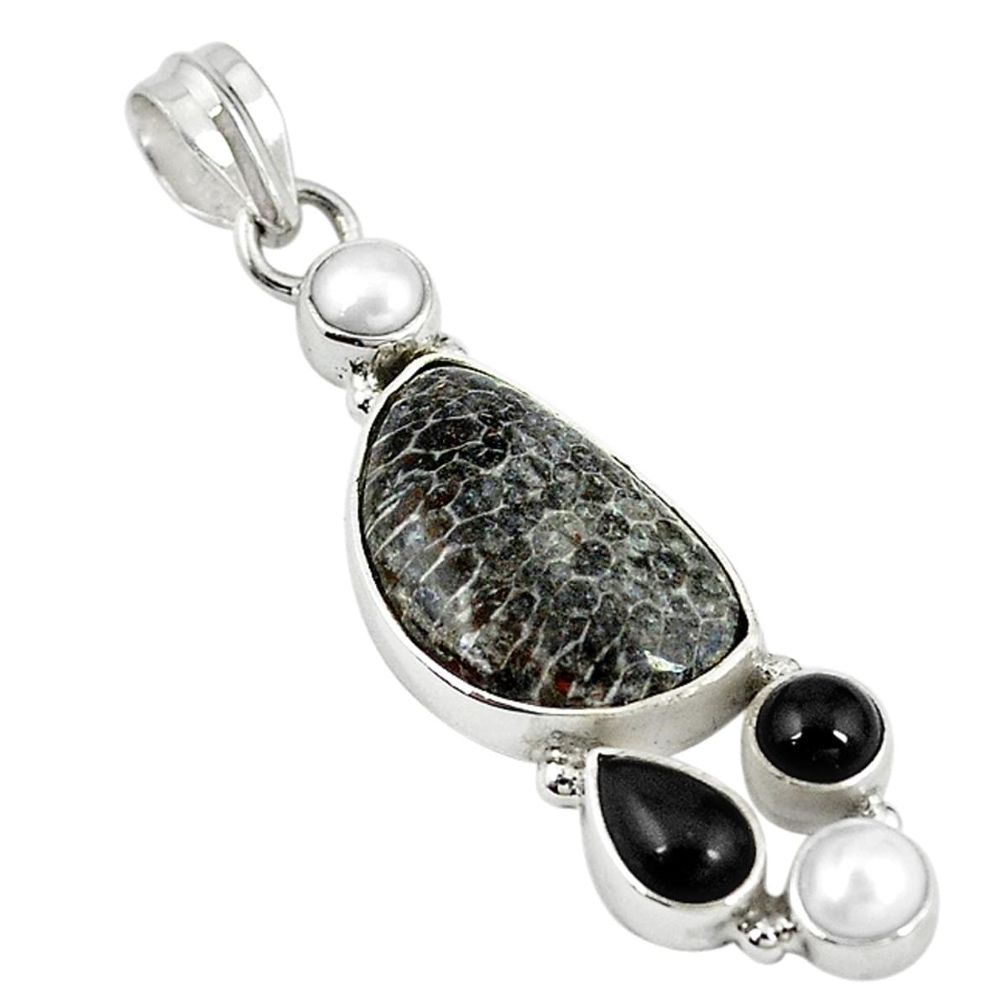Natural black stingray coral from alaska onyx pearl 925 silver pendant m9523