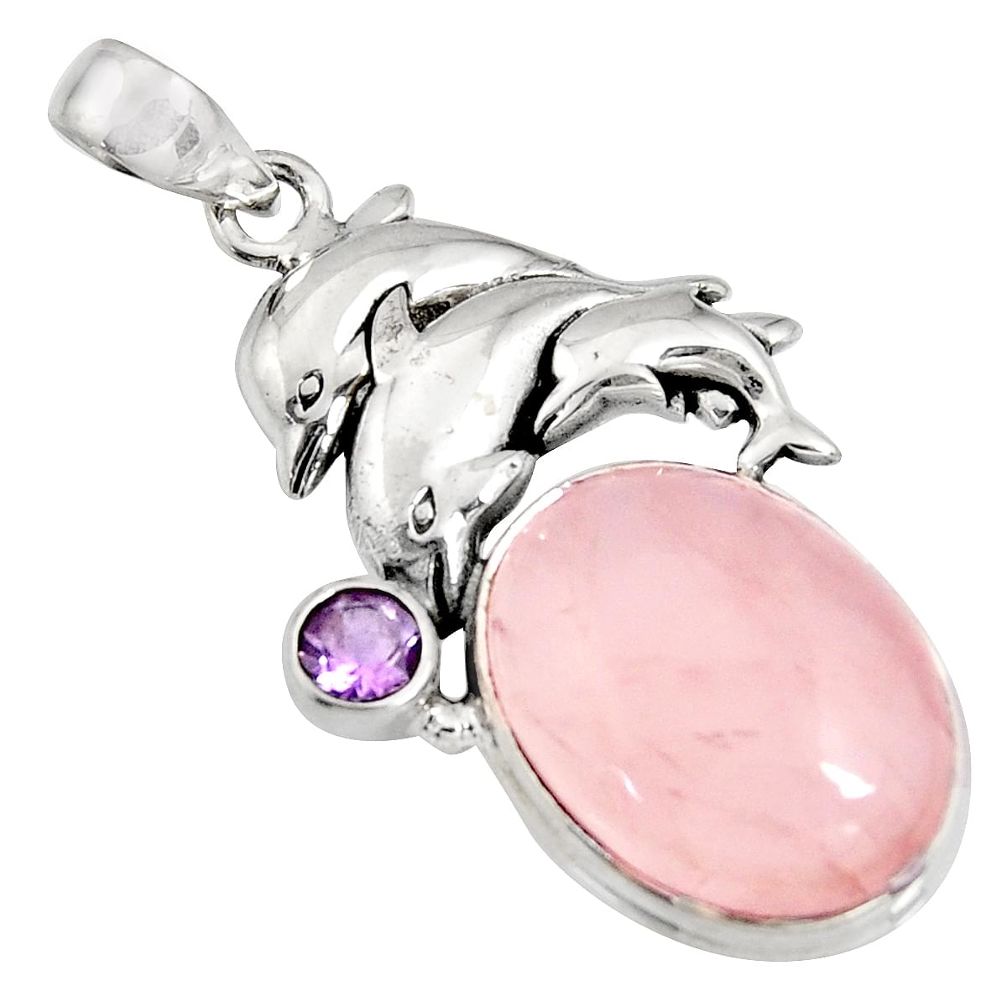 17.10cts natural pink rose quartz amethyst 925 silver dolphin pendant r11002