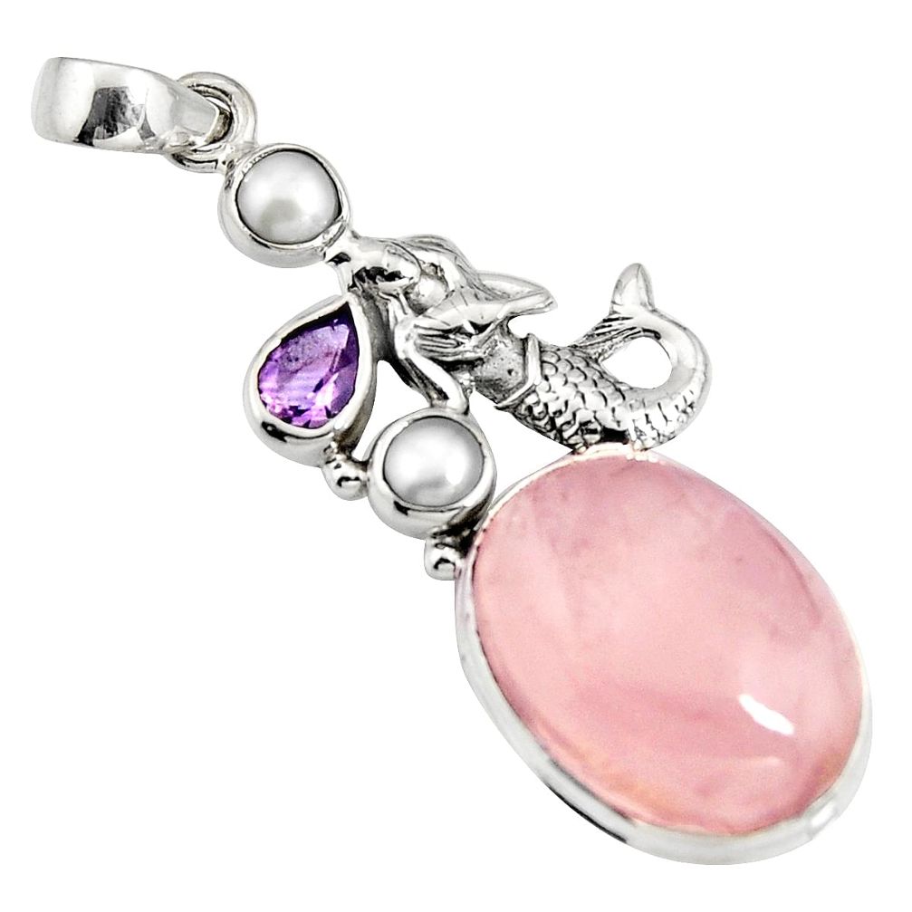 925 silver 18.41cts natural pink rose quartz pearl fairy mermaid pendant r11007
