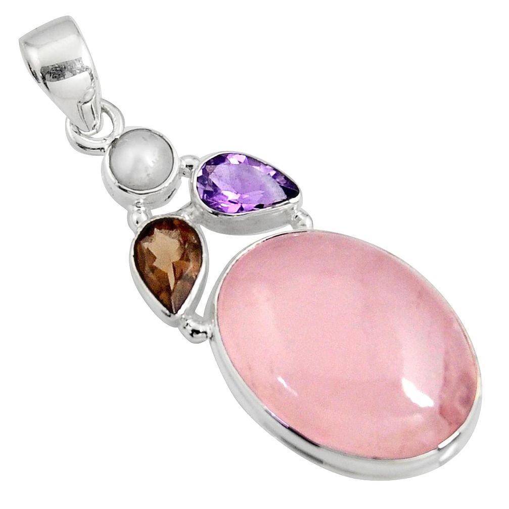 19.00cts natural pink rose quartz smoky topaz pearl 925 silver pendant r11008