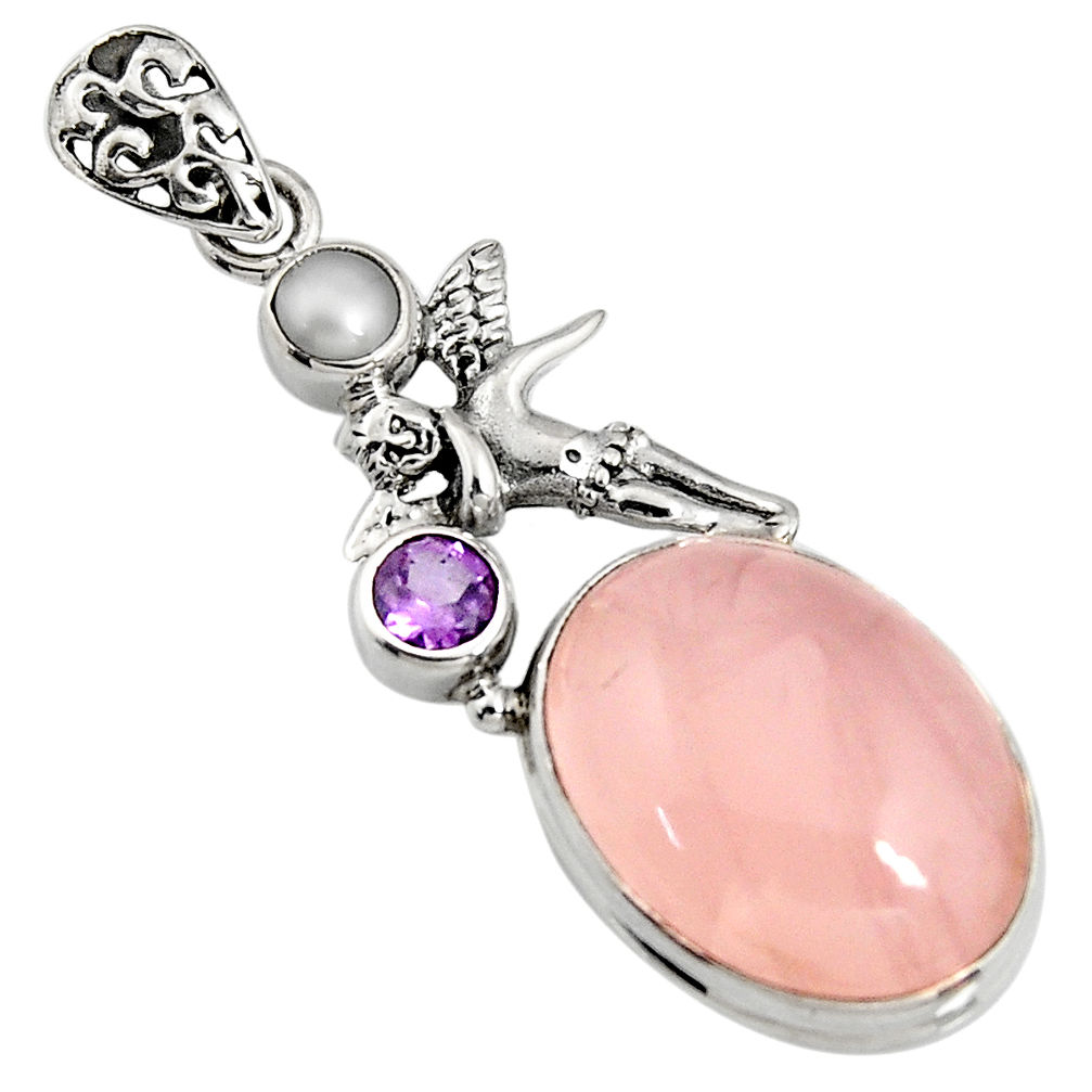 925 silver 17.36cts natural pink rose quartz angel wings fairy pendant r11014