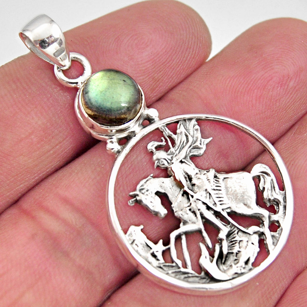 3.24cts natural blue labradorite 925 silver horse rider charm pendant r11244