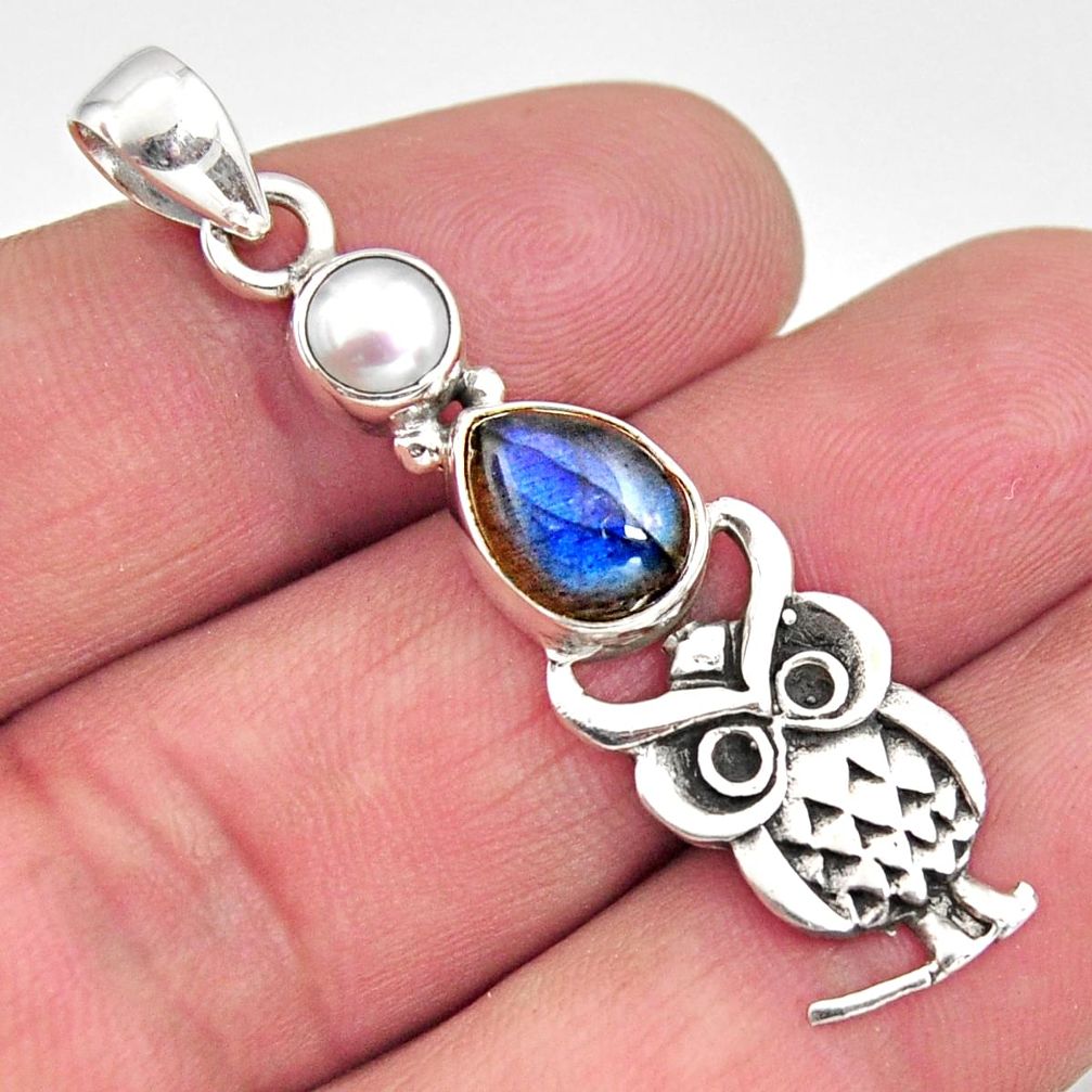 4.30cts natural blue labradorite pearl 925 sterling silver owl pendant r11254