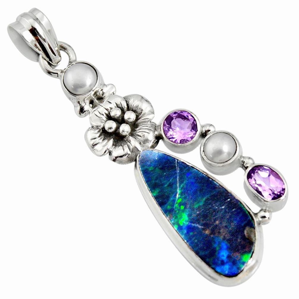 10.89cts natural blue doublet opal australian 925 silver flower pendant r13501