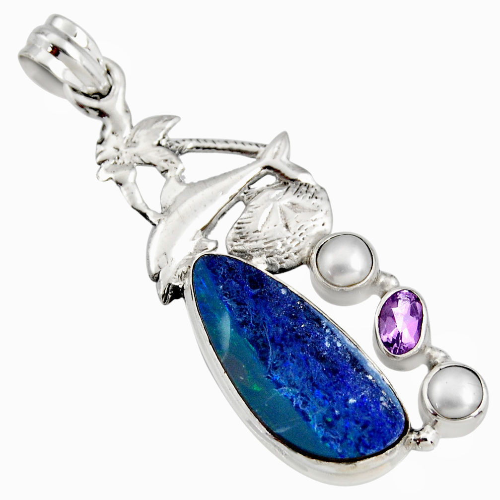 10.53cts natural blue doublet opal australian 925 silver dolphin pendant r13505