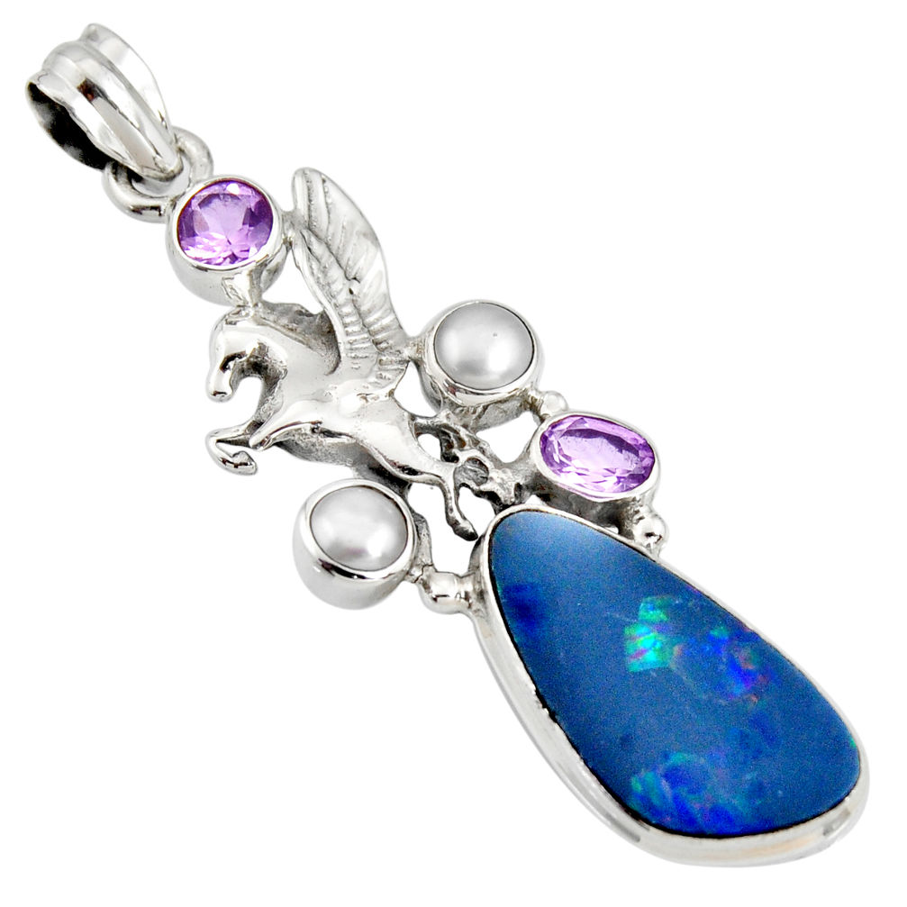 9.72cts natural blue doublet opal australian 925 silver unicorn pendant r13506