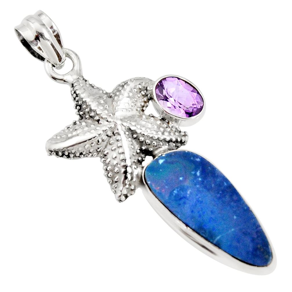 8.27cts natural blue doublet opal australian 925 silver star fish pendant r13513