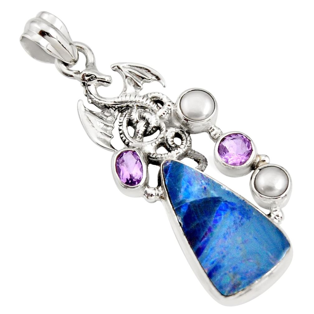 9.62cts natural blue doublet opal australian 925 silver dragon pendant r13515