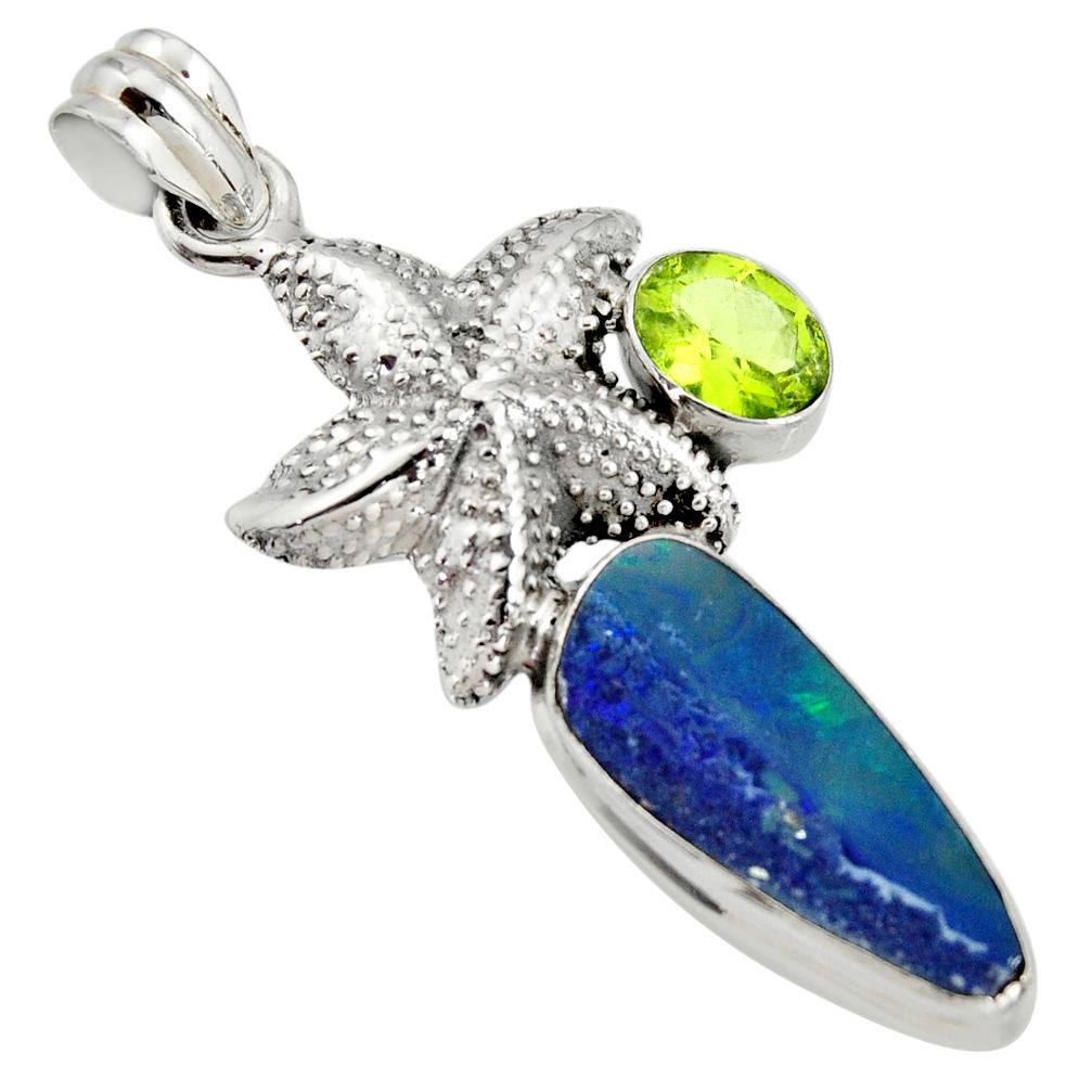 925 silver 8.24cts natural blue doublet opal australian star fish pendant r13524