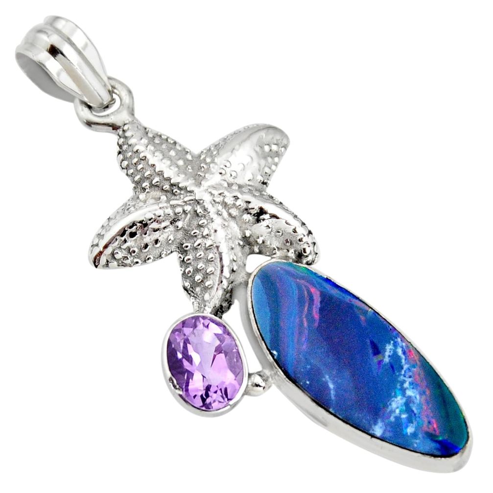 7.72cts natural blue doublet opal australian 925 silver star fish pendant r13529