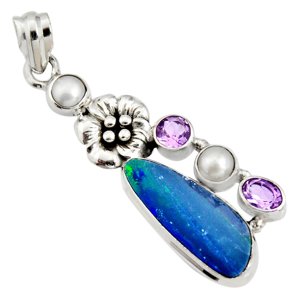 7.99cts natural blue doublet opal australian 925 silver flower pendant r13531