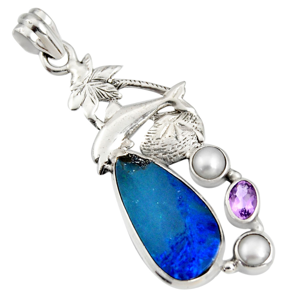 925 silver 7.58cts natural blue doublet opal australian dolphin pendant r13532