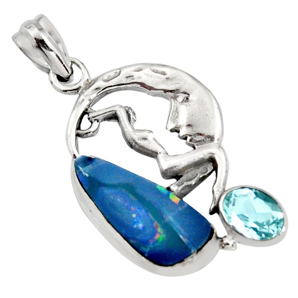 6.73cts natural blue doublet opal australian 925 silver angel pendant r13535