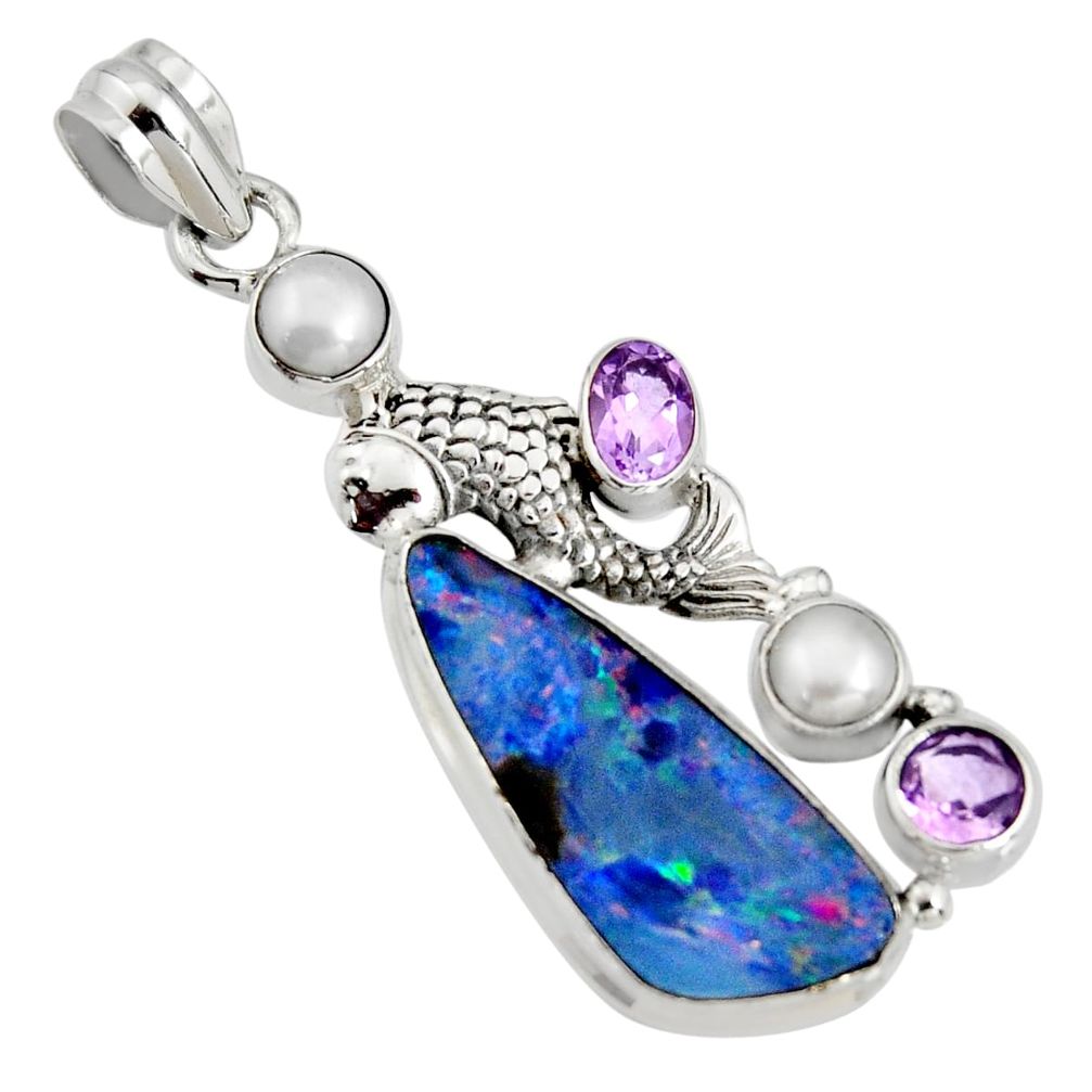 925 silver 8.96cts natural blue doublet opal australian amethyst pendant r13536