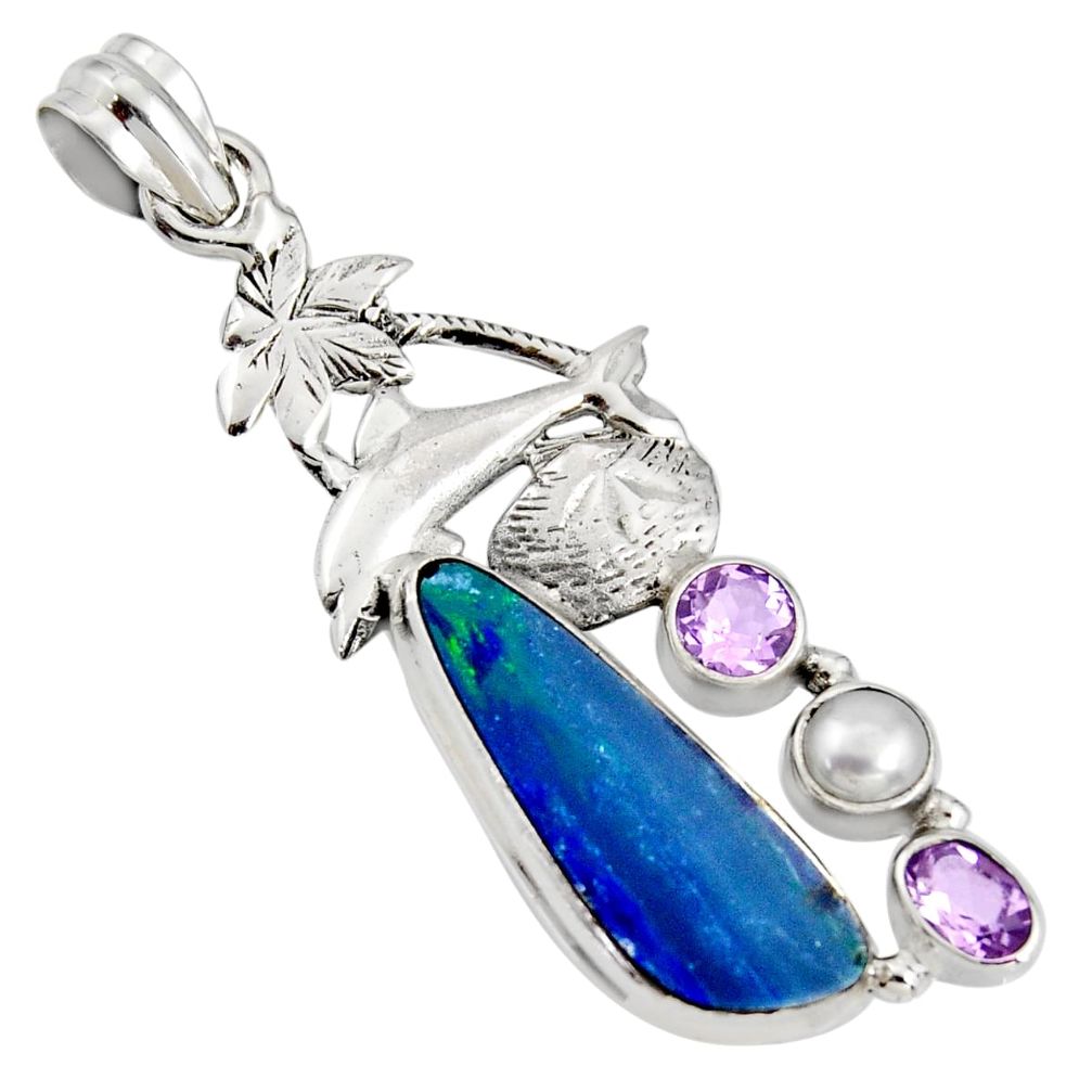 7.72cts natural blue doublet opal australian 925 silver dolphin pendant r13537