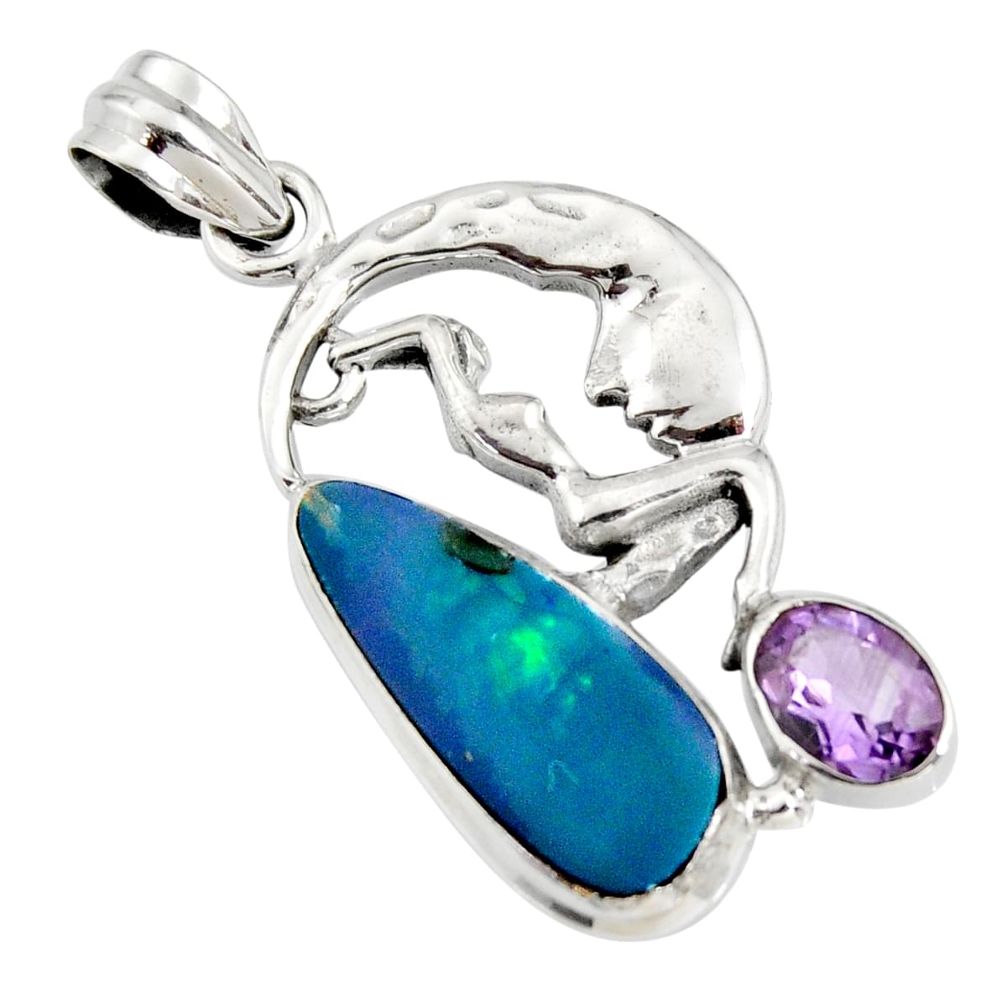 8.22cts natural blue doublet opal australian 925 silver angel pendant r13538