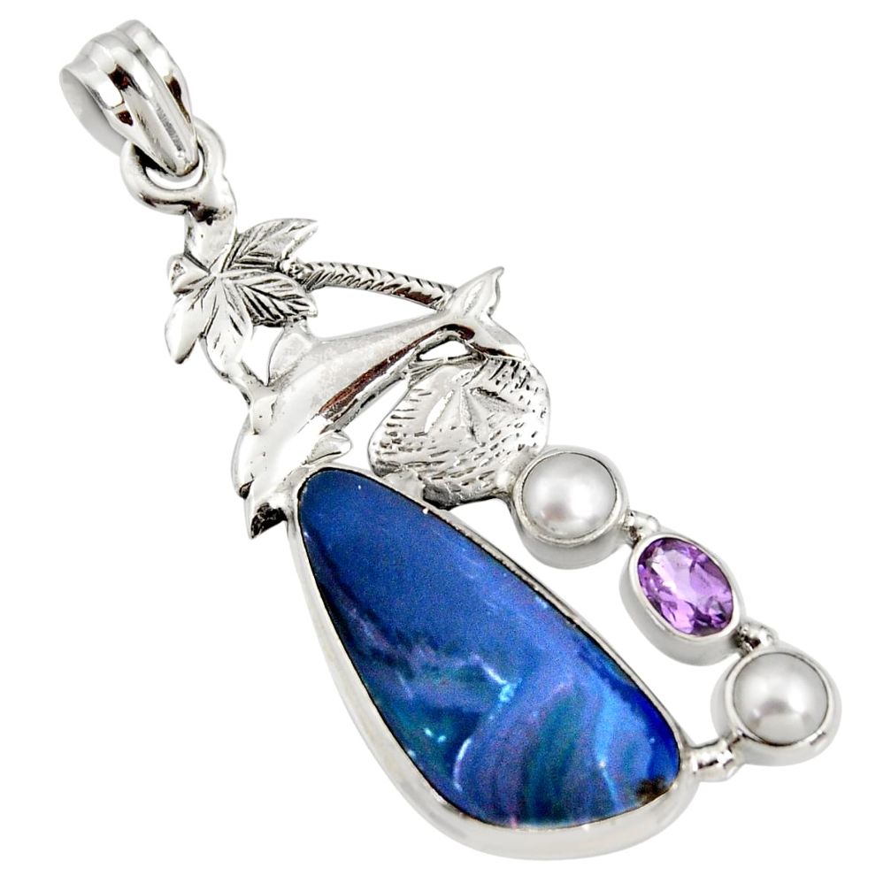 925 silver 8.71cts natural blue doublet opal australian dolphin pendant r13539