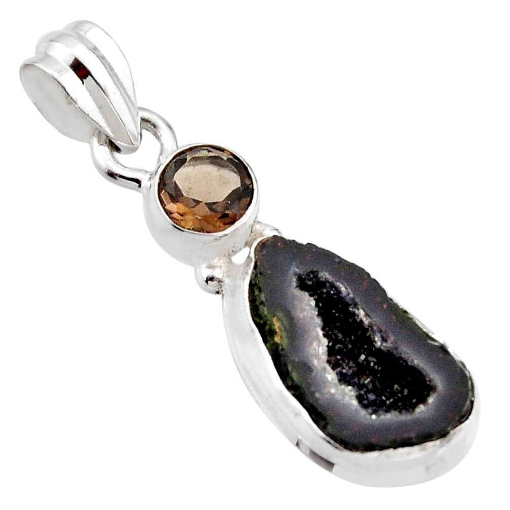 8.06cts natural blue geode druzy smoky topaz 925 sterling silver pendant r13561