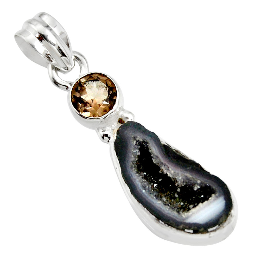 7.60cts natural blue geode druzy smoky topaz 925 sterling silver pendant r13566