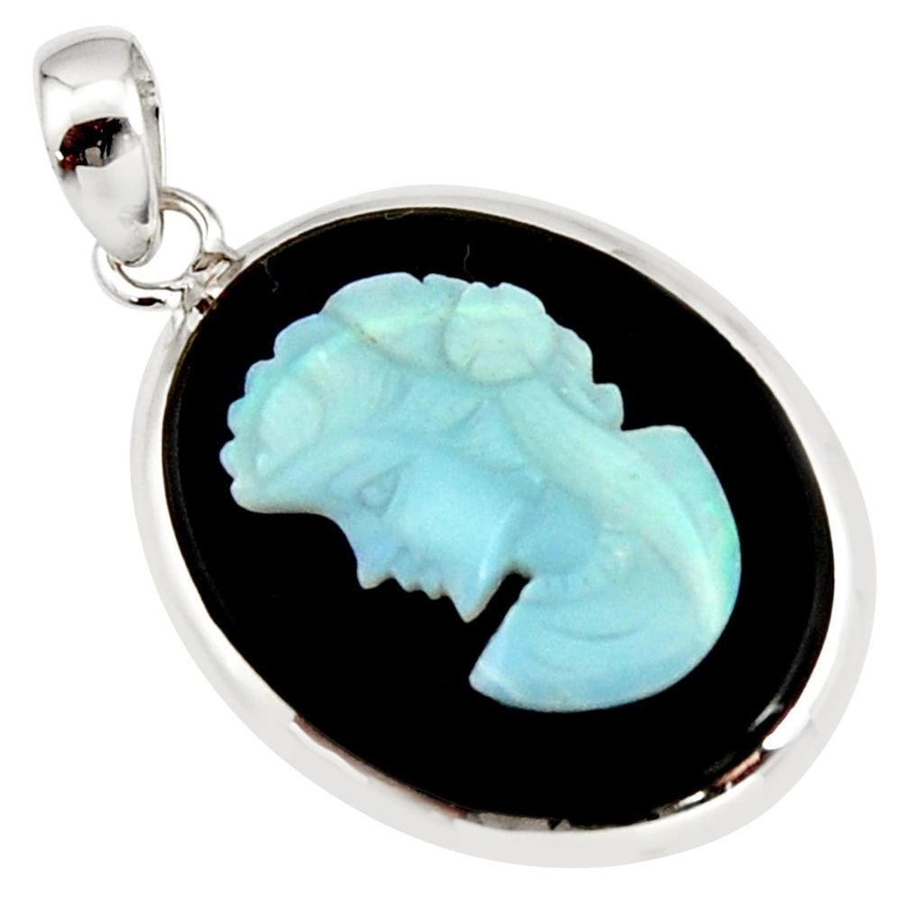 13.70cts lady face natural opal cameo on black onyx silver pendant r14381