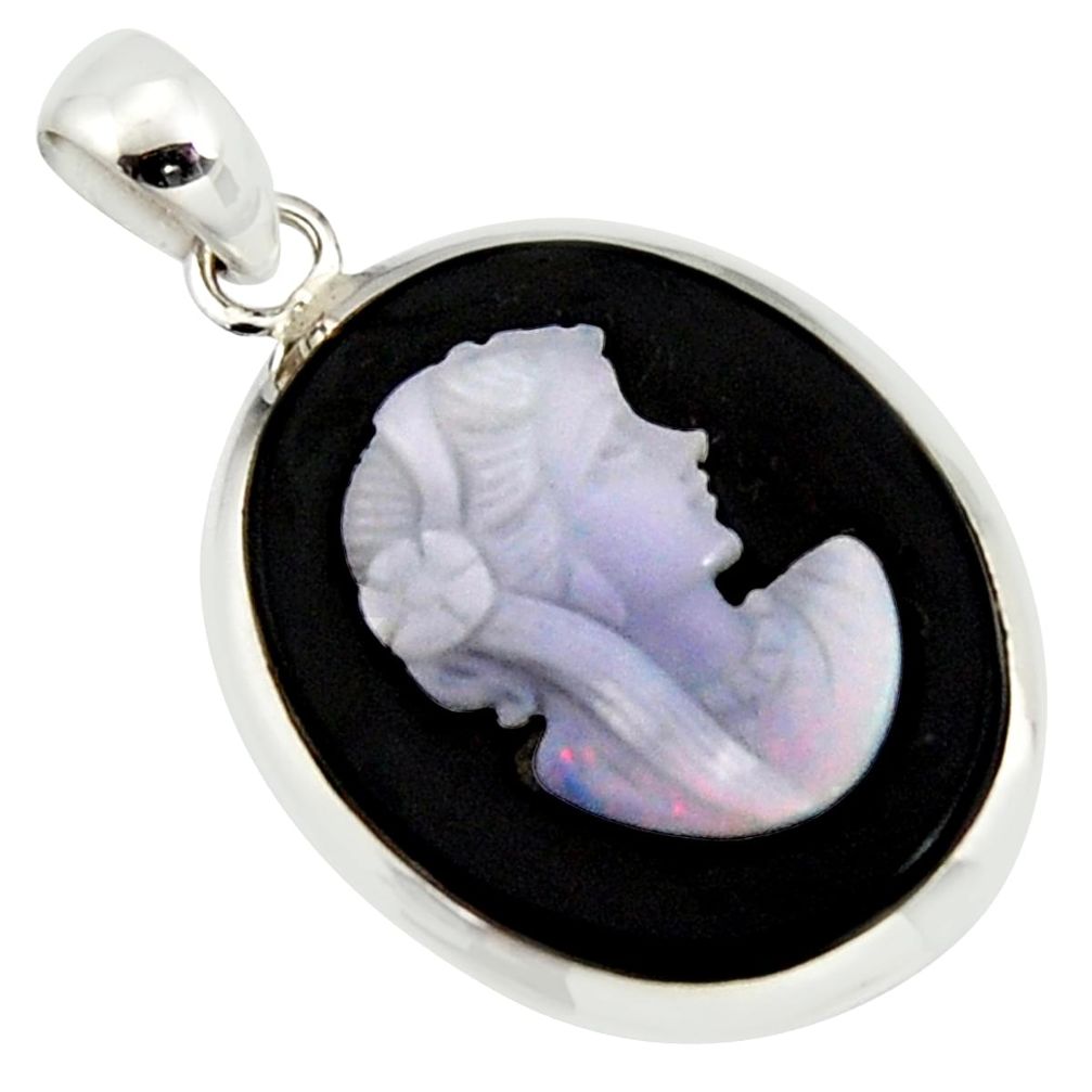 925 silver 14.72cts lady face natural opal cameo on black onyx pendant r14384