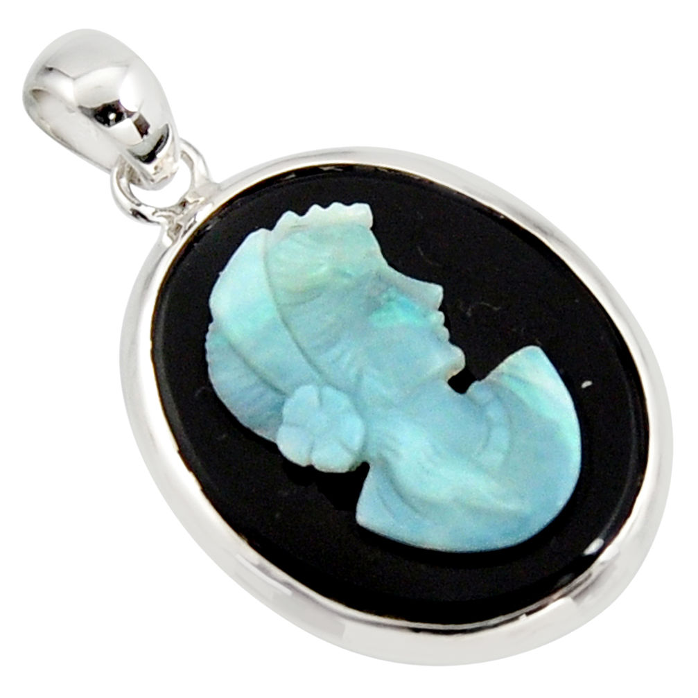16.20cts lady face natural blue opal cameo on onyx 925 silver pendant r14385