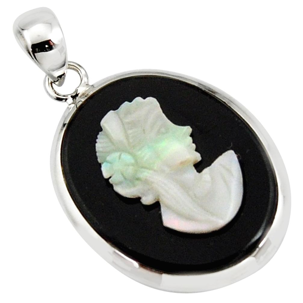 15.65cts lady face natural black opal cameo on onyx 925 silver pendant r14386