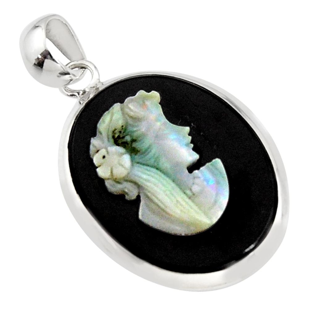 15.08cts lady face natural black opal cameo on black onyx silver pendant r14390