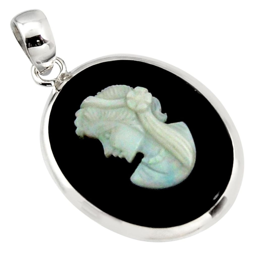 16.20cts lady face natural opal cameo on black onyx 925 silver pendant r14393