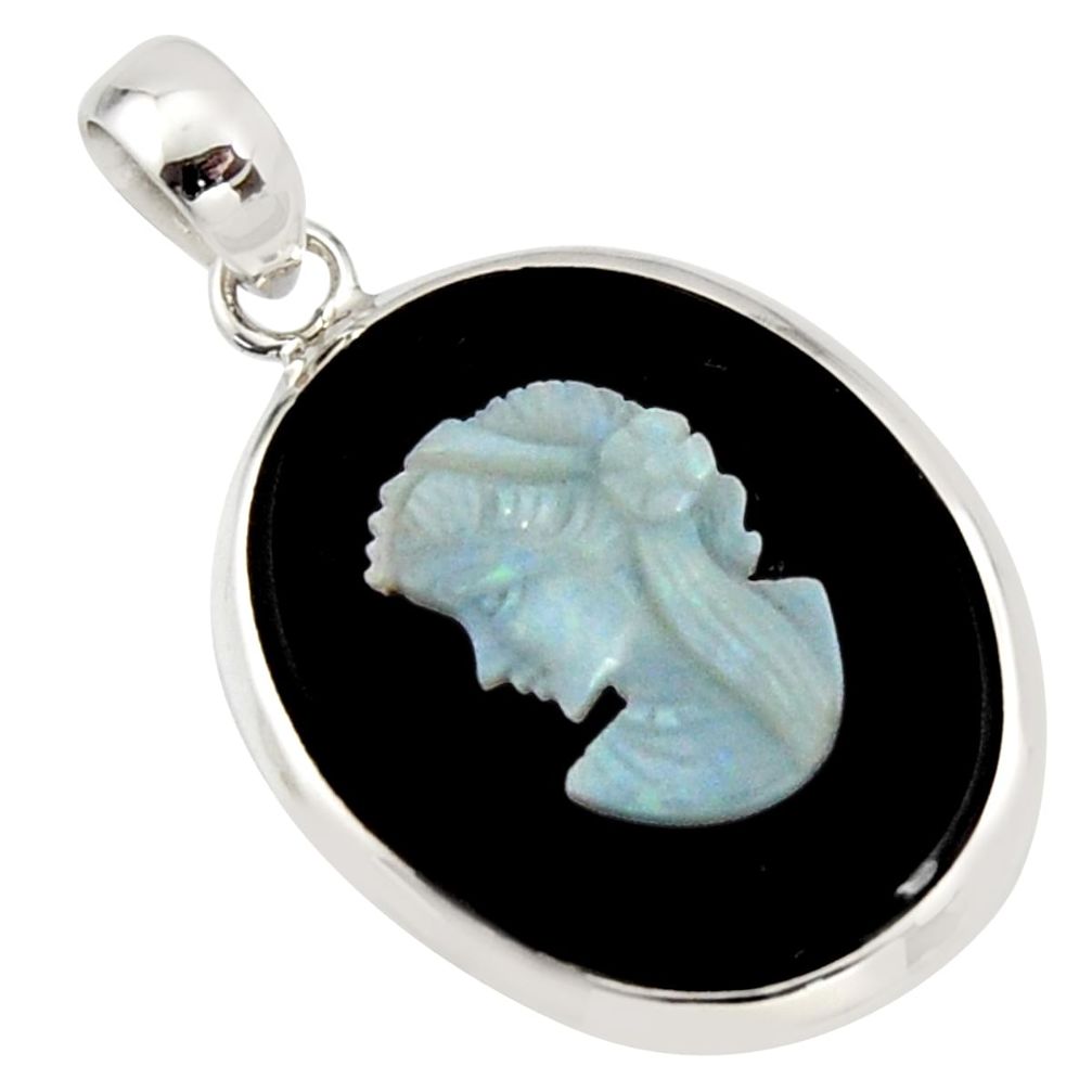 15.05cts lady face natural opal cameo on black onyx 925 silver pendant r14394