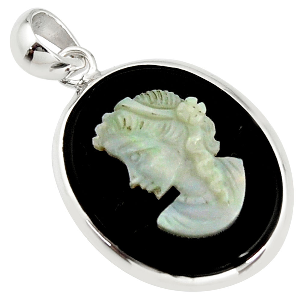 15.08cts lady face natural opal cameo on black onyx 925 silver pendant r14395