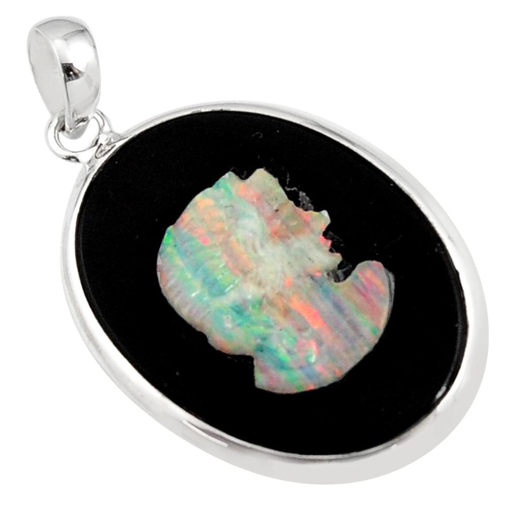 16.73cts lady face natural opal cameo on black onyx 925 silver pendant r14399