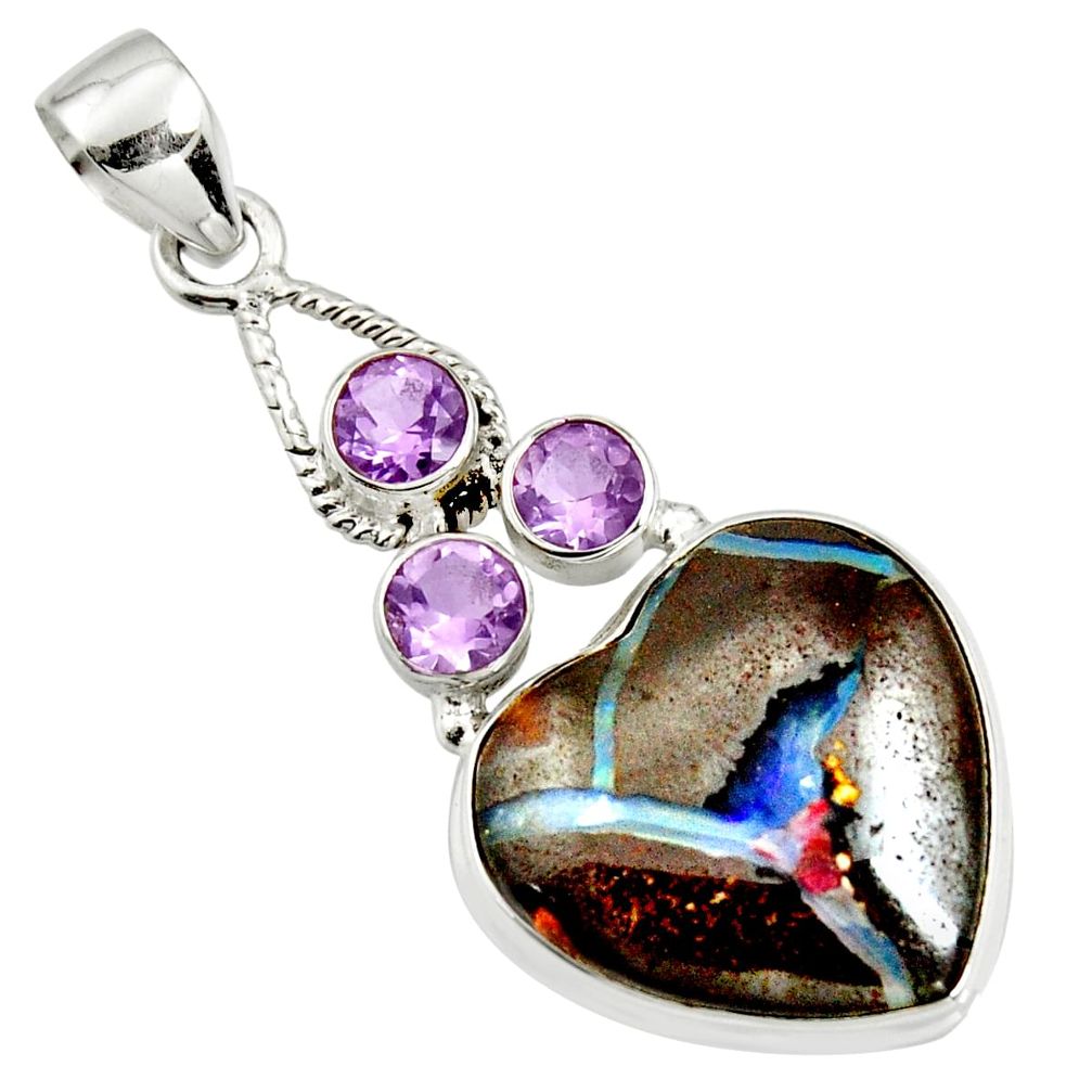 25.57cts natural brown boulder opal purple amethyst 925 silver pendant r14439